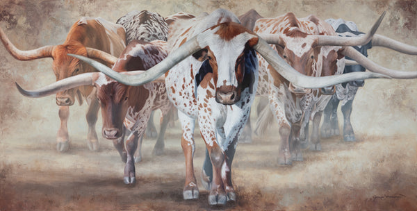 A canvas print of a herd of Texas longhorns marching through dust, presented in a western style oil painting. y wildlife artist James Corwin.