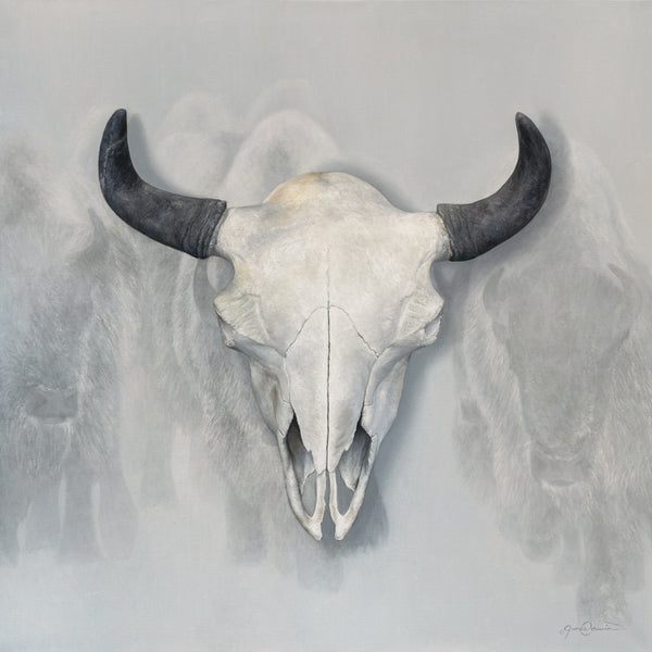 A canvas giclee print of a bison skull, with a misty, soft-focus background of ghostly Yellowstone buffalo, part of a limited edition art oil painting by Montana widllife artist James Corwin.