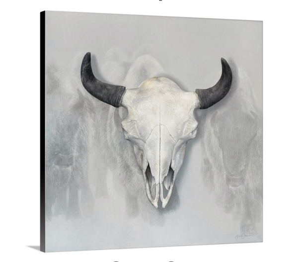 A canvas giclee print of a bison skull, with a misty, soft-focus background of ghostly Yellowstone buffalo, part of a limited edition art oil painting by Montana widllife artist James Corwin.