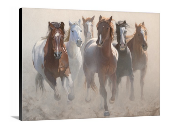 A western art print featuring a group of wild horses running galloping in a dusty field by wildlife artist James Corwin.