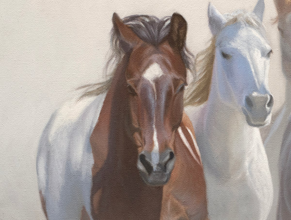 A western art print featuring a group of wild horses running galloping in a dusty field by wildlife artist James Corwin.