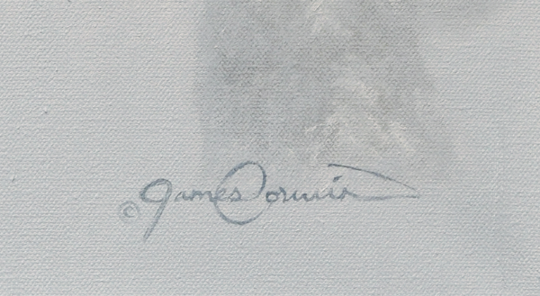 A canvas giclee print of a bison skull, with a misty, soft-focus background of ghostly Yellowstone buffalo, part of a limited edition art oil painting by Montana widllife artist James Corwin.