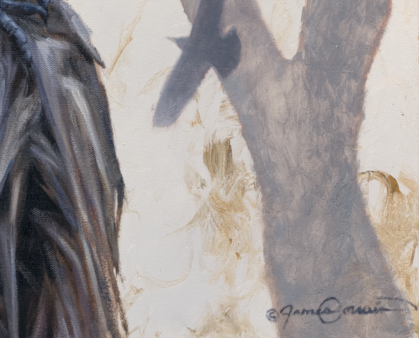 An oil painting of ravens in Joshua Tree National Park. Contemporary limited edition giclee print by wildlife artist James Corwin.
