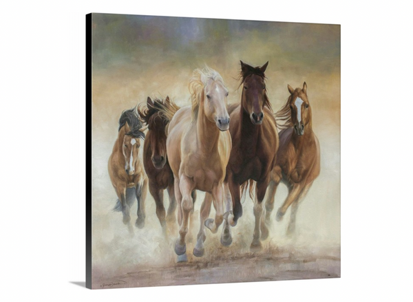 A canvas print featuring a group of horses running in a dust cloud, capturing a sense of motion and freedom. Oil painting by wildlife artist James Corwin.