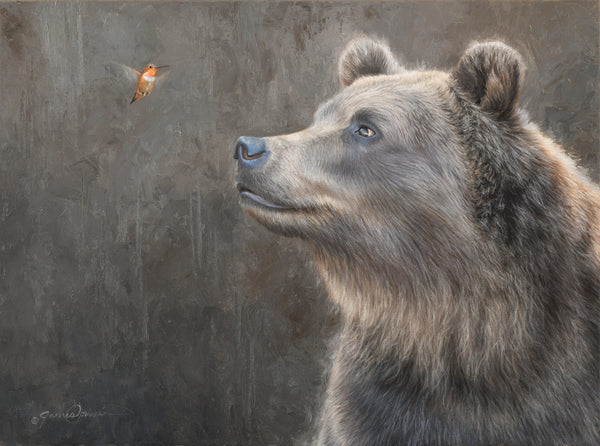 An oil painting of a grizzly bear looking at a rufous hummingbird as a limited edition giclee canvas print by wildlife artist James Corwin.