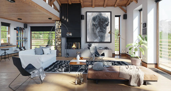 Big bison wildlife art by artist James Corwin as a limited edition canvas print featuring a buffalo with contemporary background and neutral colors. hanging in home wall art decor