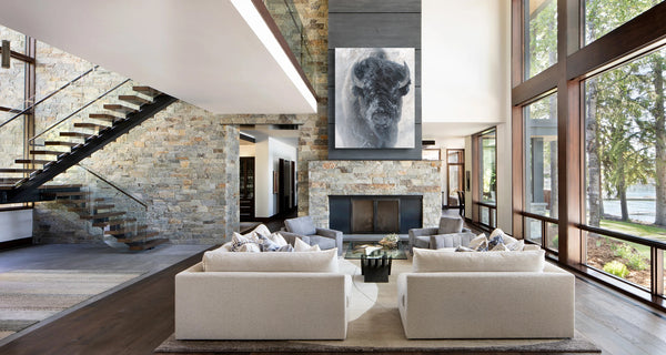 Big bison wildlife art by artist James Corwin as a limited edition canvas print featuring a buffalo with contemporary background and neutral colors. Hanging in living room home decor wall art.