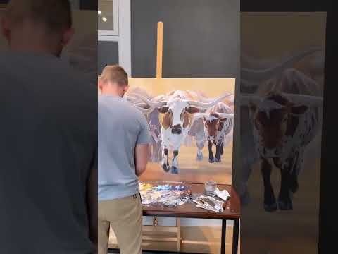A western art print of Texas Longhorns cattle along the Chisholm trail from the Stockyards, against a dusty trail background. An oil painting by wildlife artist James Corwin.