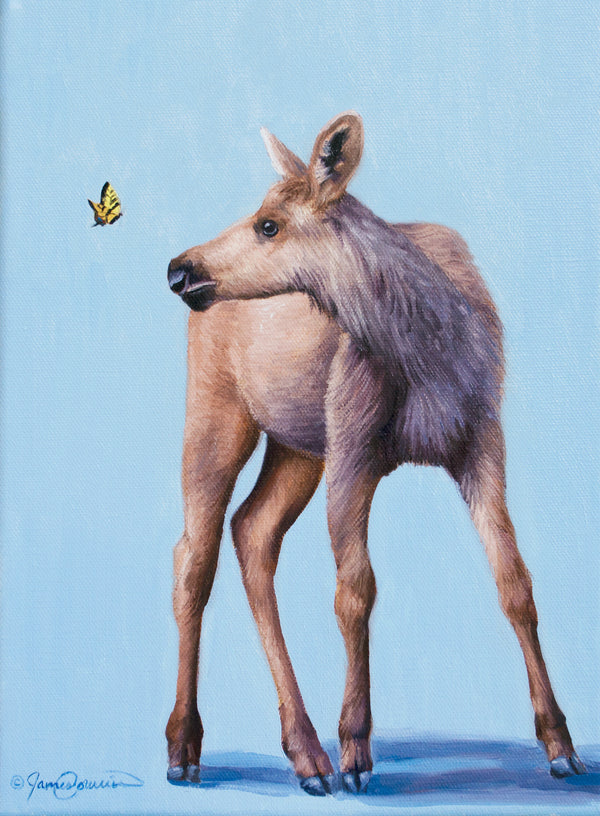 a baby moose curiously watches a tiger swallowtail butterfly oil painting by james corwin wildlife artist
