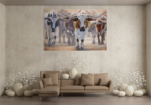 A western art print of Texas Longhorns cattle along the Chisholm trail from the Stockyards, against a dusty trail background. An oil painting by wildlife artist James Corwin.