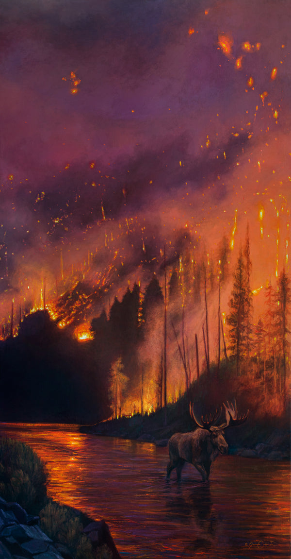 An oil painting as a limited edition canvas print depicting a bull moose in a fiery wildfire setting by Montana wildlife artist James Corwin.