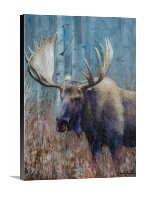 A western painting of a bull moose in fall trees by wildlife artist James Corwin as a canvas giclee print.