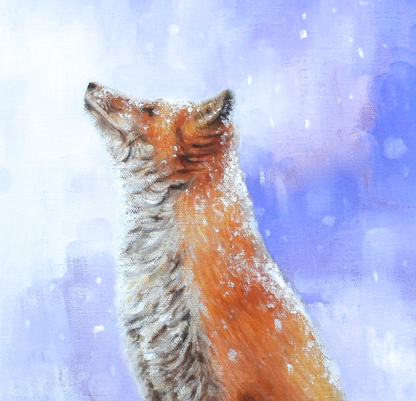A red fox sits peacefully watching the snow fall. A painting as a limited edition canvas print by wildlife artist James Corwin.