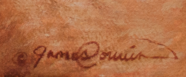 A canvas print depicting a baby fox in profile, looking upwards at a bumblebee in a field of lavender by wildlife artist James Corwin.