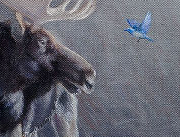 A canvas print featuring a bull moose and a mountain bluebird with a foggy background by wildlife artist James Corwin.