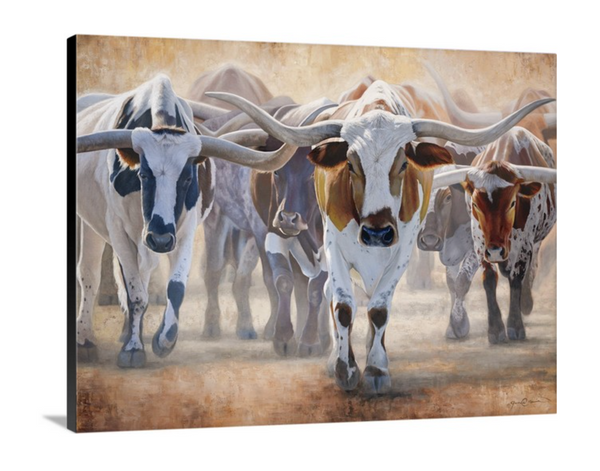 A western art print of Texas Longhorns cattle along the Chisholm trail from the Stockyards, against a dusty trail background. An oil painting by wildlife artist James Corwin.