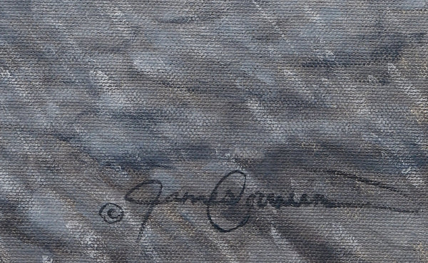 A limited edition giclee canvas print featuring a group of wolves in a snowy mountain landscape. The print is gallery-wrapped by wildlife artist James Corwin.