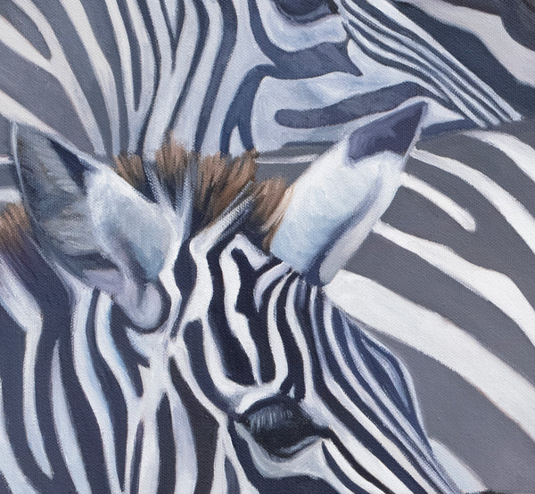 An oil painting of African zebras in a herd by wildlife artist James Corwin as a giclee canvas print.