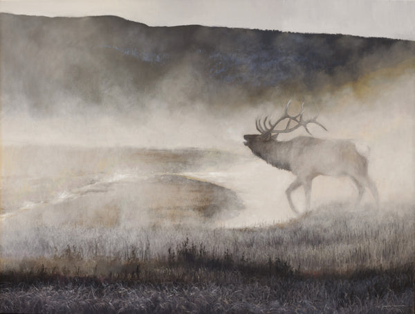A bull elk bugles in Yellowstone geyser mist. An oil painting as a limited edition print by wildlife artist James Corwin.