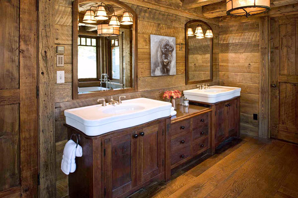 A portrait of an american bison oil painting western art print by wildlife artist James Corwin. Hanging in bathroom wall art home decor.