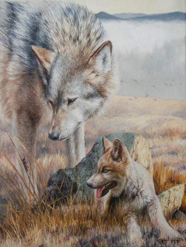 A canvas print featuring a realistic depiction of a gray wolf with its pup, set against a blurred background of a natural landscape. An oil painting by wildlife artist James Corwin based in Montana western art.