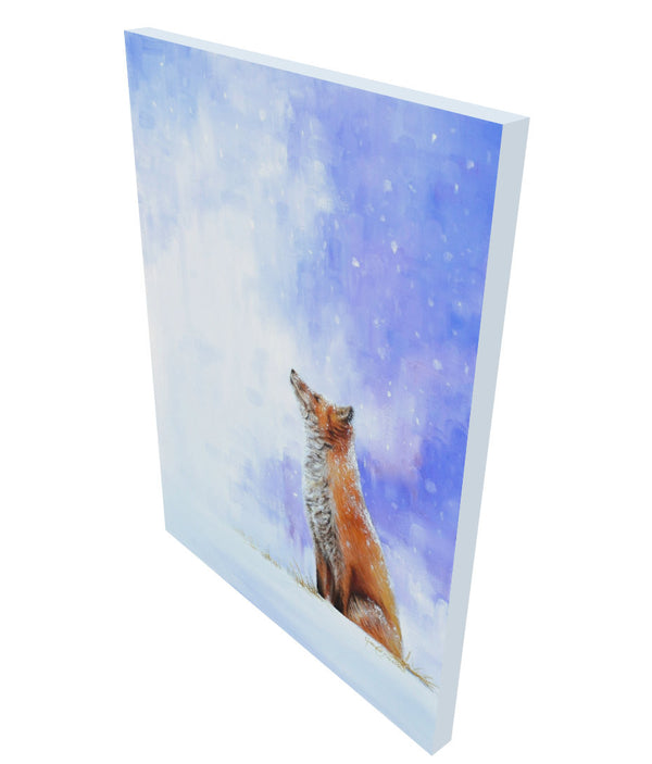 A red fox sits peacefully watching the snow fall. A painting as a limited edition canvas print by wildlife artist James Corwin.