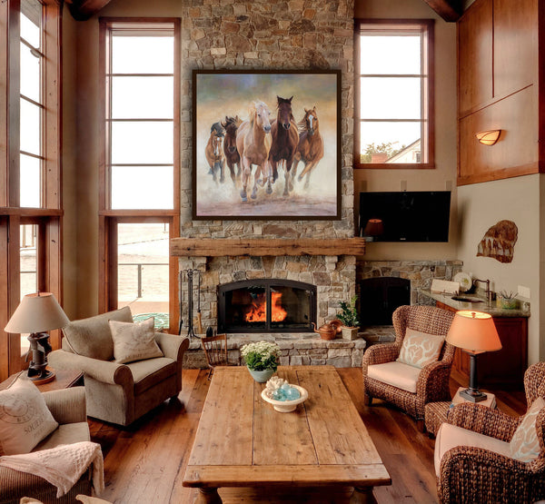 A canvas print featuring a group of horses running in a dust cloud, capturing a sense of motion and freedom. Oil painting by wildlife artist James Corwin. Hanging in living room wall art home decor.