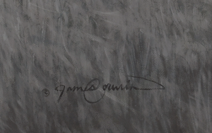 A limited edition giclee canvas print featuring two highland cows in a natural landscape with a predominantly gray and white color palette. Wildlife art by James Corwin. James Corwin Artist Signature.