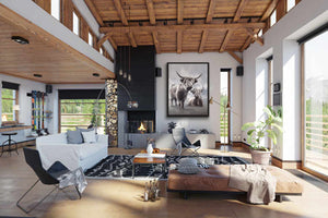 A limited edition giclee canvas print featuring two highland cows in a natural landscape with a predominantly gray and white color palette. Wildlife art by James Corwin. Art hanging in living room wall decor.