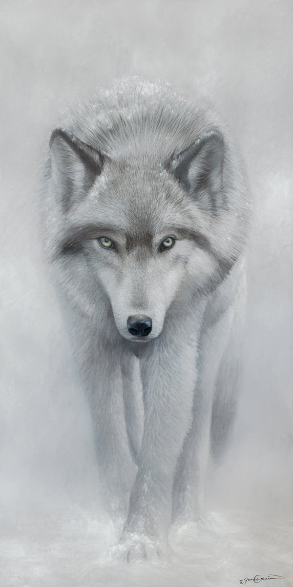 A limited edition canvas print titled 'Ghost II' featuring a white wolf in a misty snowy environment, oil painting by wildlife artist James Corwin.