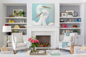 An oil painting of two great white egrets with a seafoam green background. Limited Edition Giclee Canvas Print by wildlife artist James Corwin. Hanging in living room wall decor.