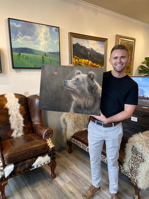 An oil painting of a grizzly bear looking at a rufous hummingbird as a limited edition giclee canvas print by wildlife artist James Corwin.
