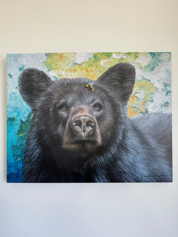 Bumblebee Bear by wildlife artist James Corwin. A Painting of a black bear with a colorful textured background. Wall art for home decor.