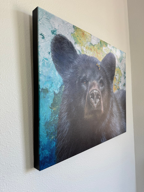 Bumblebee Bear by wildlife artist James Corwin. A Painting of a black bear with a colorful textured background. Wall Art Giclee print for home decor.