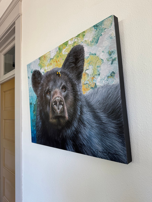 Bumblebee Bear by wildlife artist James Corwin. A Painting of a black bear with a colorful textured background. Animal wall art.