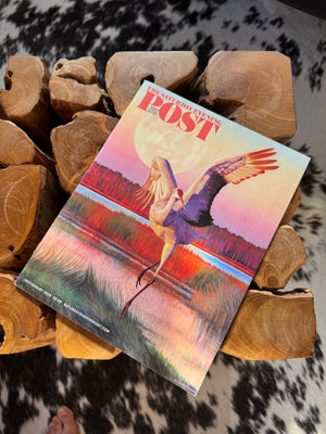 A canvas print from an oil painting featuring a dancing sandhill crane in mid-flight against a backdrop of a setting sun and a full moon in a colorful wetland. Wildlife art by James Corwin artist. On the cover of the Saturday Evening Post Magazine.