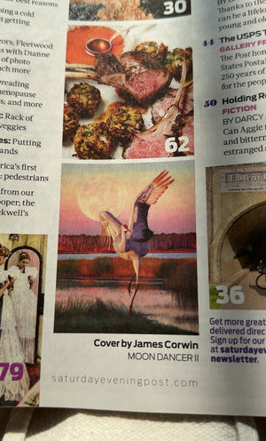 A canvas print from an oil painting featuring a dancing sandhill crane in mid-flight against a backdrop of a setting sun and a full moon in a colorful wetland. Wildlife art by James Corwin artist. In Saturday Evening Post Magazine.