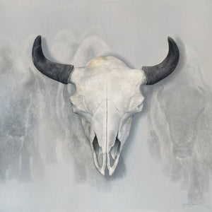 A canvas giclee print of a bison skull, with a misty, soft-focus background of ghostly Yellowstone buffalo, part of a limited edition art oil painting by Montana widllife artist James Corwin.