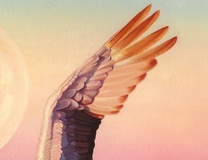 A canvas print from an oil painting featuring a dancing sandhill crane in mid-flight against a backdrop of a setting sun and a full moon in a colorful wetland. Wildlife art by James Corwin artist.