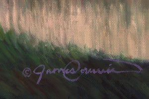 A canvas print from an oil painting featuring a dancing sandhill crane in mid-flight against a backdrop of a setting sun and a full moon in a colorful wetland. Wildlife art by James Corwin artist.