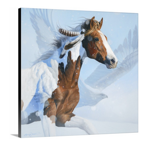 A canvas print featuring a horse and an eagle, with a blend of realistic and artistic brush stroke details. Oil painting by wildlife artist James Corwin.