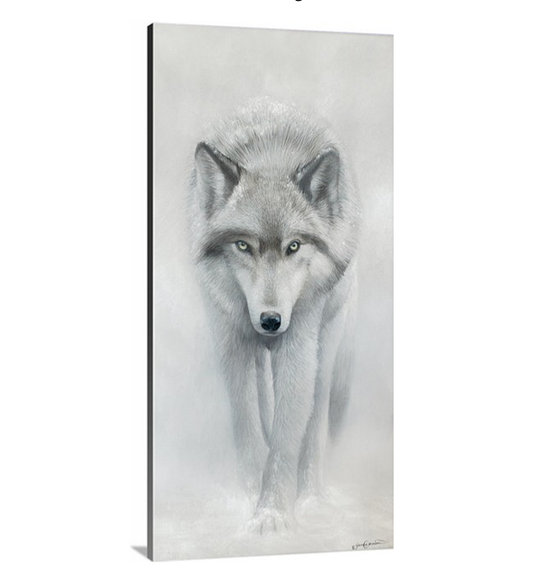 A limited edition canvas print titled 'Ghost II' featuring a white wolf in a misty snowy environment, oil painting by wildlife artist James Corwin.