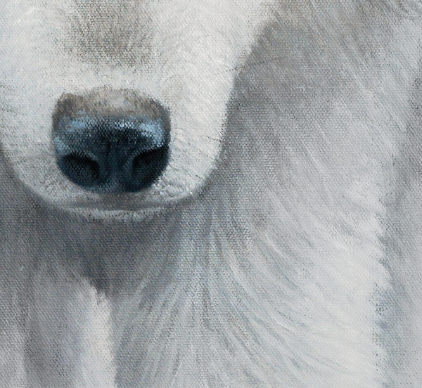 A limited edition canvas print titled 'Ghost II' featuring a white wolf in a misty snowy environment, oil painting by wildlife artist James Corwin.