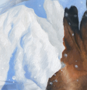 A canvas print featuring a horse and an eagle, with a blend of realistic and artistic brush stroke details. Oil painting by wildlife artist James Corwin.