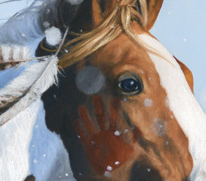 A canvas print featuring a horse and an eagle, with a blend of realistic and artistic brush stroke details. Oil painting by wildlife artist James Corwin.