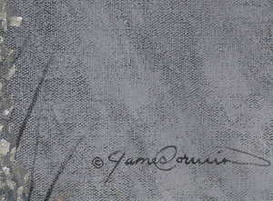 Limited Edition Giclee Canvas Print of a grizzly bear walking among beargrass in mist and fog by wildlife artist James Corwin. Signature of artist.