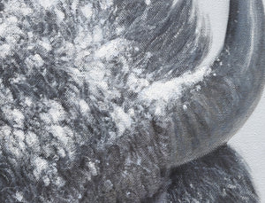 Limited Edition Giclee Canvas Print of an American Bison in winter snow, titled 'Reverence' by wildlife artist James Corwin. Yellowstone buffalo art. Detail of bison horn painting.
