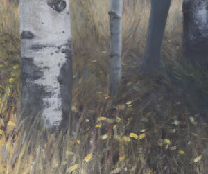 An oil painting canvas print of a bull elk in an aspen tree forest with fall colors by wildlife artist James Corwin.