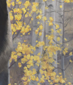 An oil painting canvas print of a bull elk in an aspen tree forest with fall colors by wildlife artist James Corwin.