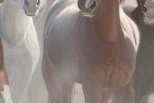 A western art print featuring a group of wild horses running galloping in a dusty field by wildlife artist James Corwin.